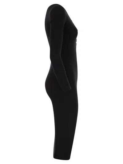 Elisabetta Franchi Black V-neck Dress With Logo Plaque On The Front In Fabric Woman In Black