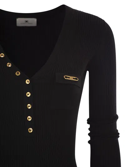 Elisabetta Franchi Black V-neck Dress With Logo Plaque On The Front In Fabric Woman In Black