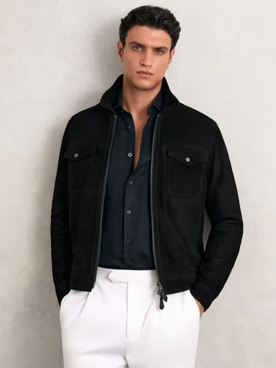 Reiss Pike Suede Zip Through Jacket In Black