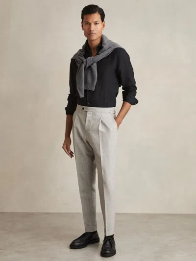 Reiss Soft Grey Melange Tecnic Wool-linen Check Tapered Trousers In Gray
