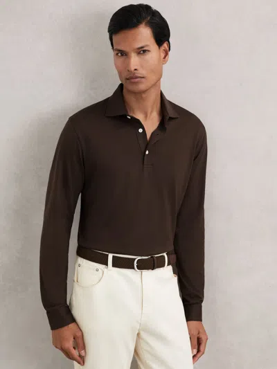 Reiss Brown Porofino Cotton-jersey Long Sleeve Polo Shirt In Brown