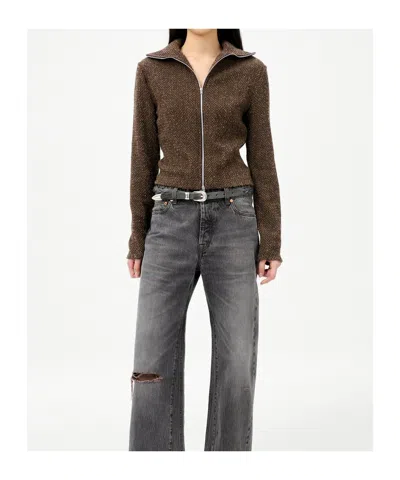 Our Legacy Textured Zip-up Sweater With High Collar And Minimalist Design In Brown