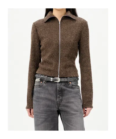 Our Legacy Textured Zip-up Sweater With High Collar And Minimalist Design In Brown