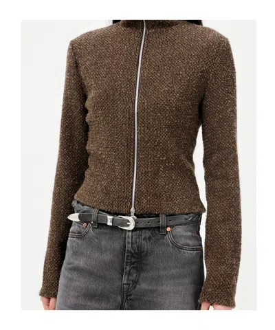 Our Legacy Textured Zip-up Sweater With High Collar And Minimalist Design In Brown