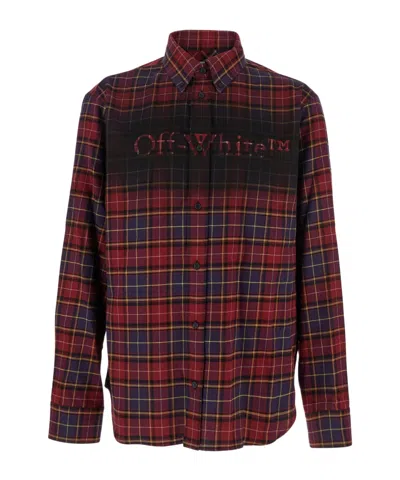 Off-white Bordeaux Shirt With Maxi Logo Lettering On The Front And All-over Check Motif In Wool Man In Brown