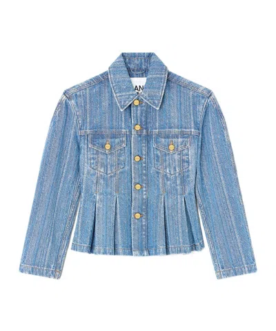 Ganni Striped Long Sleeve Collared Jacket In Blue