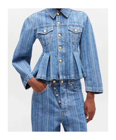 Ganni Striped Long Sleeve Collared Jacket In Blue