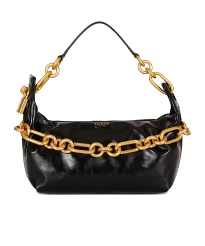 Balmain Sync Medium Shoulder Bag In Black Leather In Black