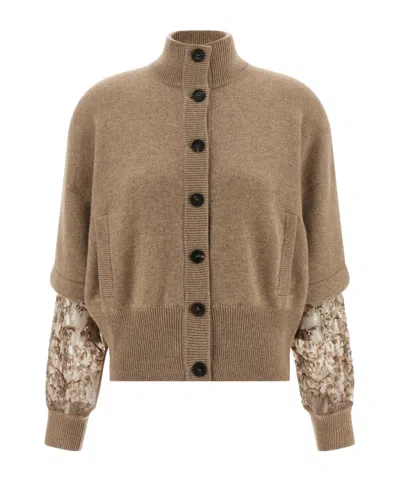 Brunello Cucinelli Sequin Sleeve Cardigan Sweaters And Cardigans Beige In Brown