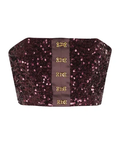 Elisabetta Franchi Top With Sequins And Jewel Clasps In Brown