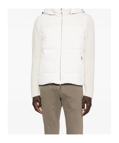 Moorer Quilted Hooded Jacket Side Pockets In White