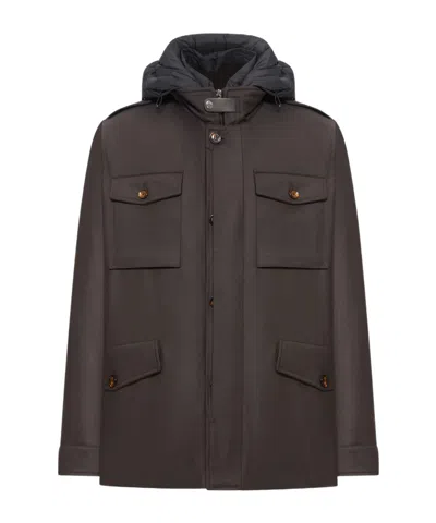 Moorer Isac Hooded Wool Field Jacket In Brown