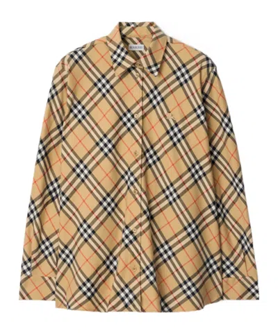 Burberry Women Beige Shirt With Classic Collar And All-over Check Motif In Cotton Woman In Brown