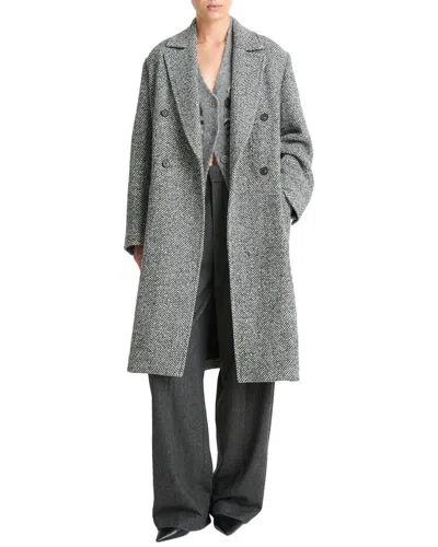 Vince Herringbone Tweed Double Breasted Coat In Gray