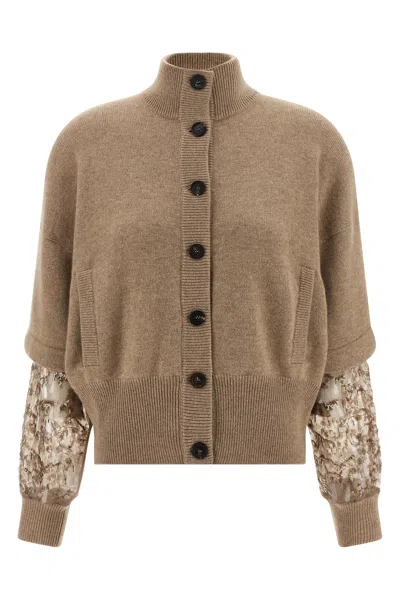 Brunello Cucinelli Sequin Sleeve Cardigan Sweaters And Cardigans Beige In Neutral