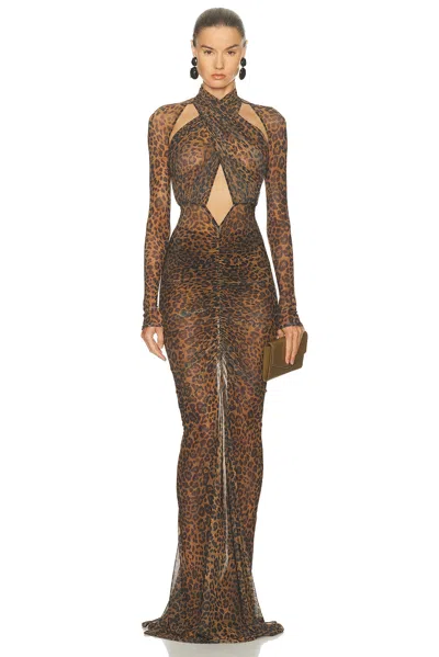 Lapointe Printed Mesh Halter Ruched Gown In Brown