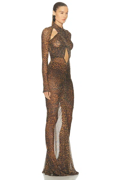 Lapointe Printed Mesh Halter Ruched Gown In Brown