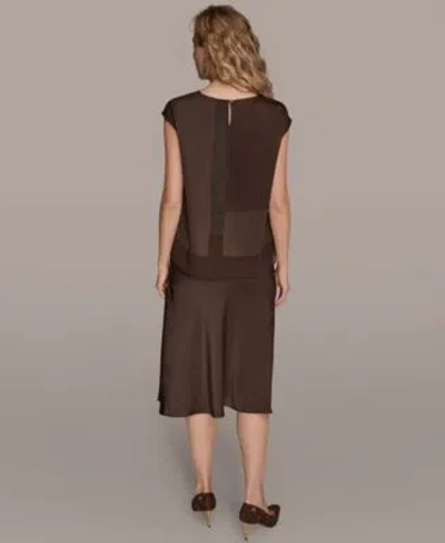 Donna Karan Womens Mixed Media Cap Sleeve Blouse Satin A Line Midi Skirt In Brown