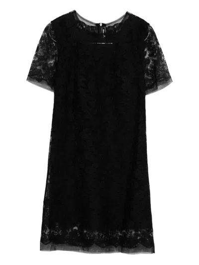 Ermanno Scervino Floral Lace Mini Dress With Sheer Sleeves In Black