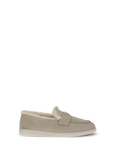Prada Suede Shearling Loafers In Neutral