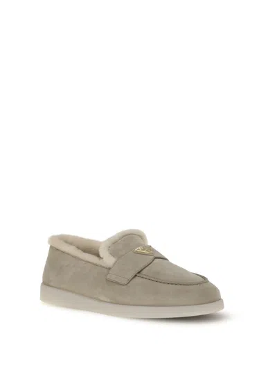 Prada Suede Shearling Loafers In Neutral