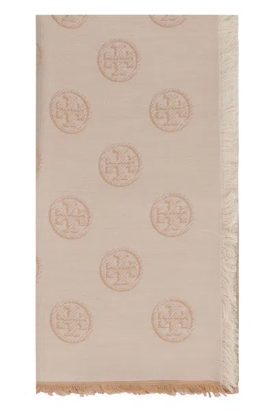 Tory Burch Traveller Logo-print Scarf In Neutral