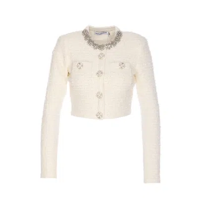 Self-portrait White Crewneck Cropped Cardigan With Crystal Embellishments On The Collar In Cotton Blend Woman In White