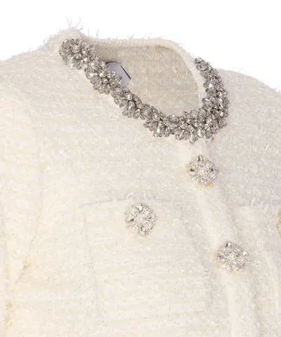 Self-portrait White Crewneck Cropped Cardigan With Crystal Embellishments On The Collar In Cotton Blend Woman In White