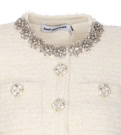 Self-portrait White Crewneck Cropped Cardigan With Crystal Embellishments On The Collar In Cotton Blend Woman In White