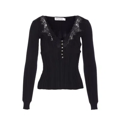 Self-portrait Black Lace Trim Knit Top In Black