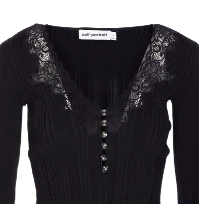 Self-portrait Black Lace Trim Knit Top In Black