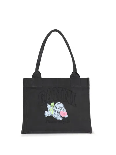 Ganni Black Large Black Shopper With Double Handles And Front Decoration In Cotton Woman