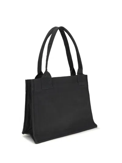 Ganni Black Large Black Shopper With Double Handles And Front Decoration In Cotton Woman