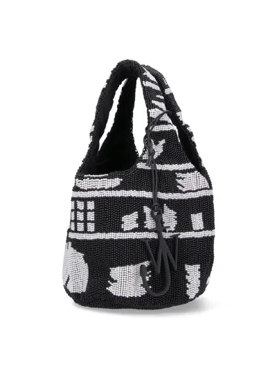 Jw Anderson Mini Beaded Shoulder Bag With Abstract Patterns In Black