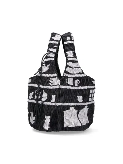 Jw Anderson Mini Beaded Shoulder Bag With Abstract Patterns In Black
