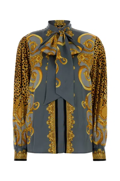 Versace Multicolor Shirt With Pussybow Collar And Leopard Motif In Silk Woman In Multi