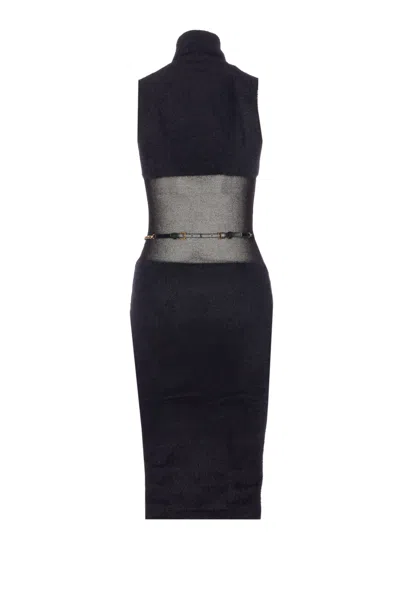 Elisabetta Franchi Midi Dress With Chain Belt And Sheer Panel In Black