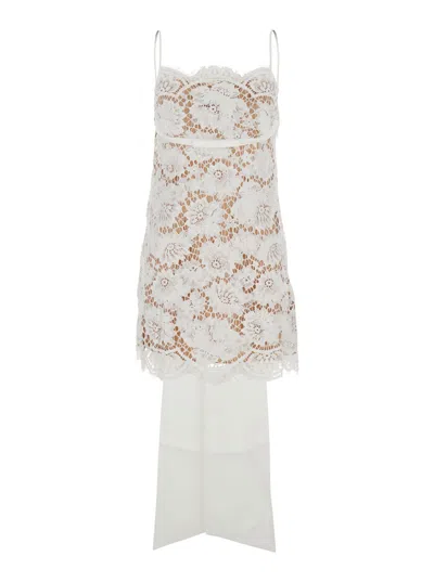 Self-portrait White Sleeveless Mini Dress With Floral Lace Embroidery And Scallop Hem In Cotton Blend Woman In White