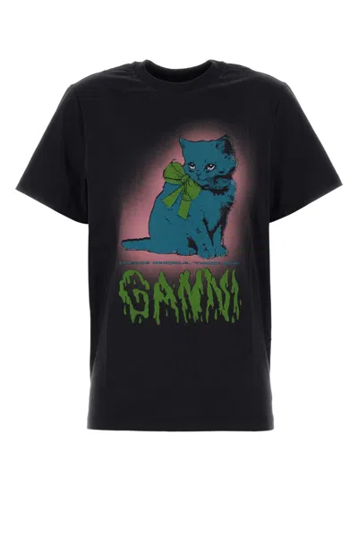 Ganni Neon Kitty Organic Cotton T-shirt In Black