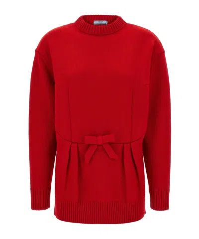 Prada Oversized Knit Sweater With Bow And Pleats In Red