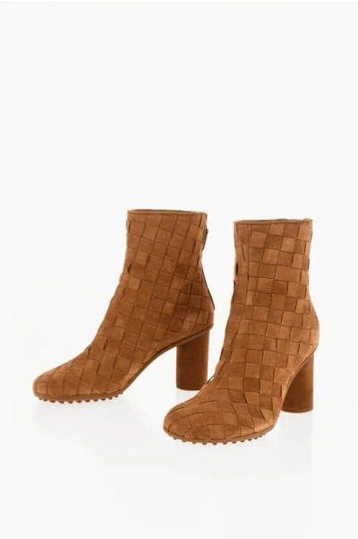 Bottega Veneta Woven Suede Booties With Back Zip 7cm In Brown
