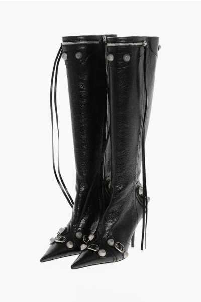 Balenciaga Brushed Leather Cagole Boots With Studs And Zips 10cm In Black