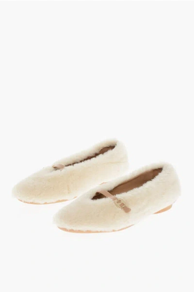 Ferragamo Shearling Ballet Flats With Faux Fur Texture In Neutral