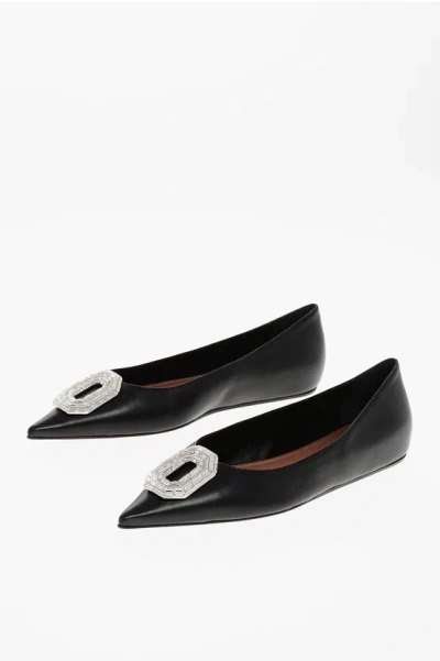 Amina Muaddi Leather Camelia Ballet Flats With Jewel Buckle In Black
