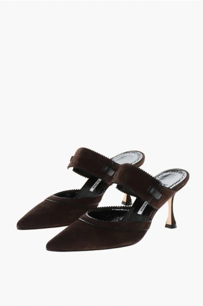 Manolo Blahnik Suede Brontiamusa Mules With Spool Heel 7cm In Brown