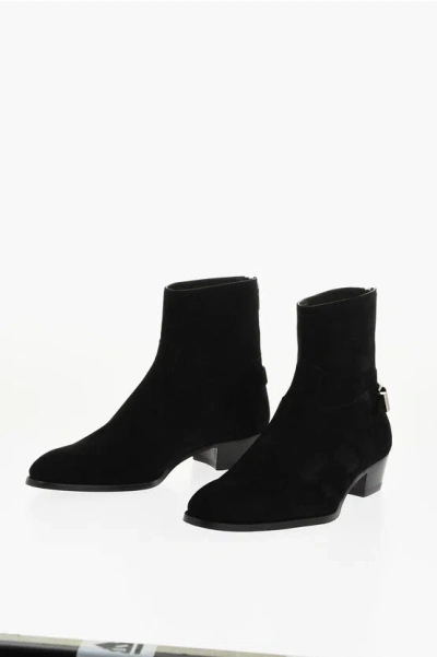 Celine Suede Drugstore Booties With Back Zip In Black