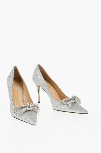 Mach&mach Glittered Point Toe Pumps With Jeweled Bow In Silver