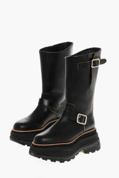 Sacai Woman Boot Black Size 8 Cow Leather In Black