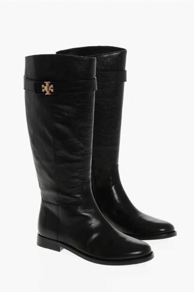 Tory Burch Turnlock Leather Knee-high Riding Boots In Black