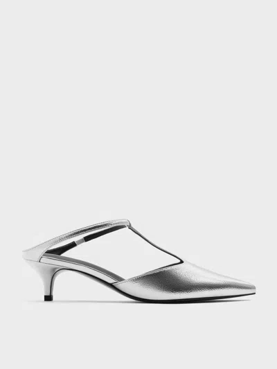 Charles & Keith - Metallic T-bar Pointed-toe Kitten-heel Mules In Silver